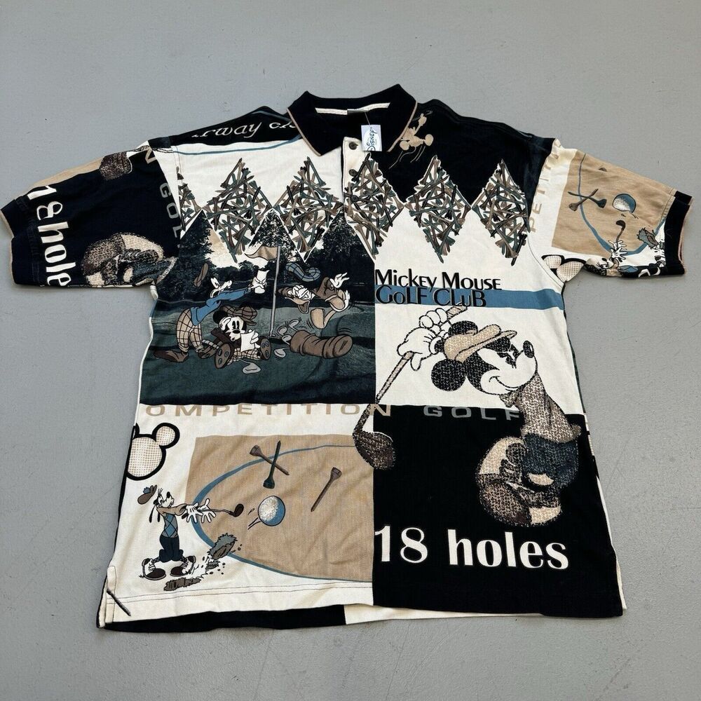 NWT VTG Disney Store Polo Shirt Adult L Mickey Mouse Golf All Over Print 90s AOP